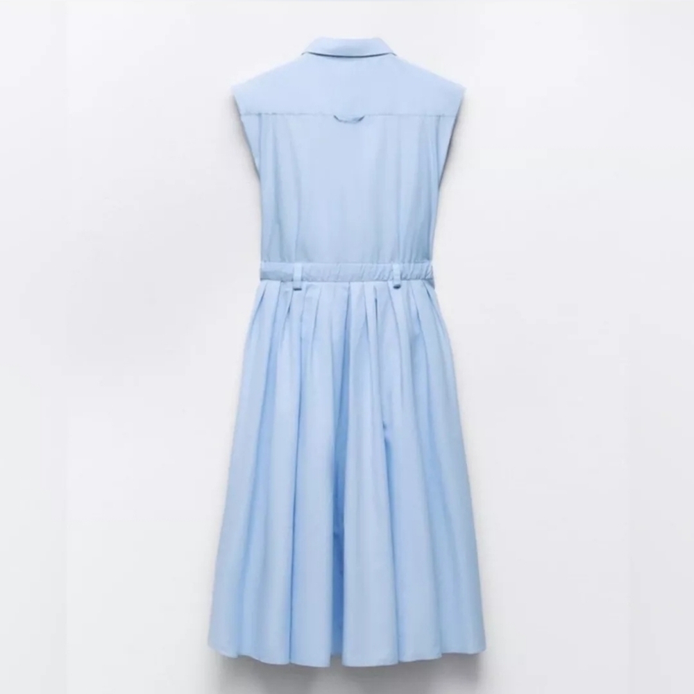 Zara Midi Blue Flared/Pleated Front Button Wrap Tie Waist Cotton Poplin Dress - Picture 4 of 12